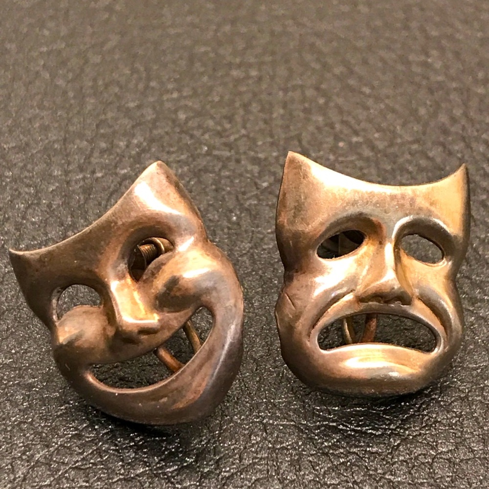 Vintage Comedy Theatre Mask  Tragedy Sterling Silver Screwback Earrings 1960’s